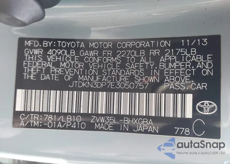 2014 Toyota Prius Plug-In Advanced z USA, uszkodzony, nr VIN JTDKN3DP7E3050757